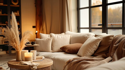 Cozy Living Room with Elegant Decor and Warm Lighting
