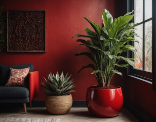 interior with two plant vases and a red wall with a red sofa on the left side of the plants