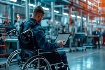 Portrait of industry worker with his back to camera in wheelchair working with tablet. Digitizing in the industry. Metal industry. - obrazy, fototapety, plakaty