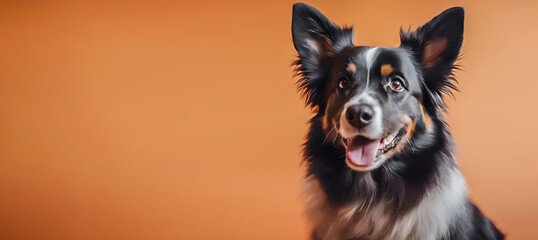Portrait of miniature american shepherd dog looking at the camera on an orange background