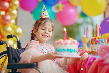 Obraz na płótnie Canvas Portrait of a happy red-haired girl in a wheelchair celebrating her birthday. Colorful balloons. Big birthday cake. Candles. Smiling at camera.