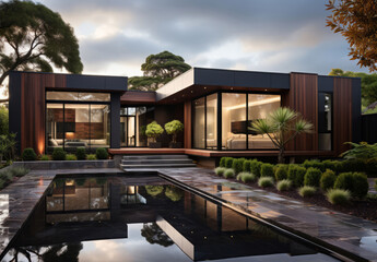 Obraz premium Home, property and real estate for investing, retirement and family in remote location. House, modern and architecture for sale, property and building with trees, mortgage and development for holiday