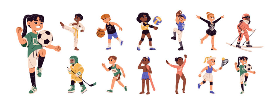 Children sports games, exercises set. Kids are soccer, football players. Active child running, swimming, skiing. Boy plays baseball. Girl goes tennis. Flat isolated vector illustration on white