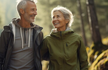 Happy senior couple together on a morning run in the sunshine forest. Eldery people in a sport. 