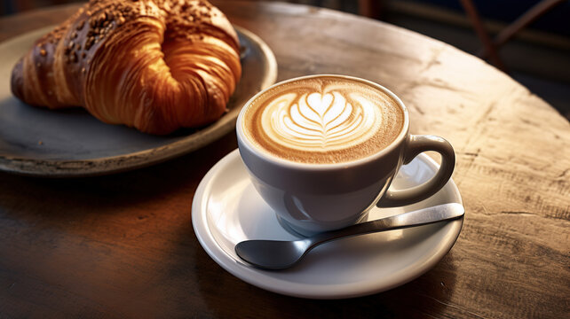 close up horizontal image of a cappuccino and a croissant on a wooden bar table AI generated
