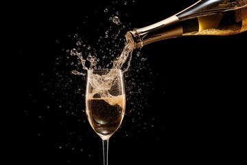 champagne pouring into the glass with a splash on a black background. celebration and party concept.