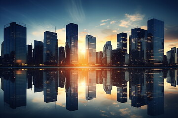City buildings with many glass windows in sunset. Abstract business background with city  arhitecture.