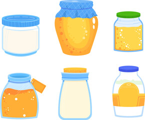Collection of various honey jars with labels and lids. Different styles of honey containers with golden liquid inside. Kitchen and food, sweet organic product vector illustration.