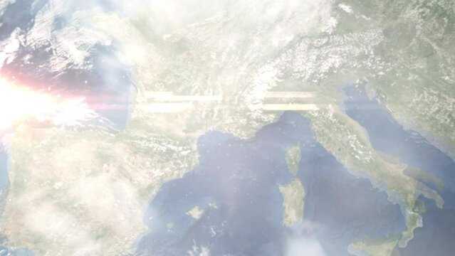Zoom in from space and focus on Miramas, France. 3D Animation. Background for travel intro. Elements of this image furnished by NASA	