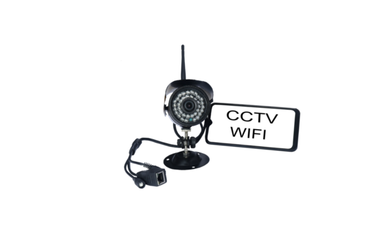 Close-up view of wifi connected security camera isolated on transparent background png file.