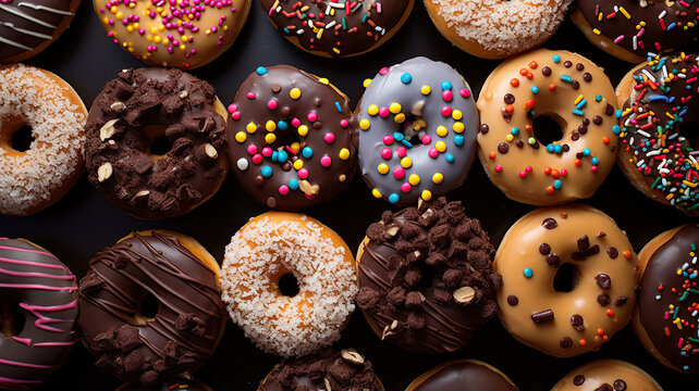 close up image from above of a variety of donuts AI generated