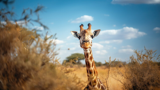 horizontal image of a giraffe between trees in a sunny day AI generated