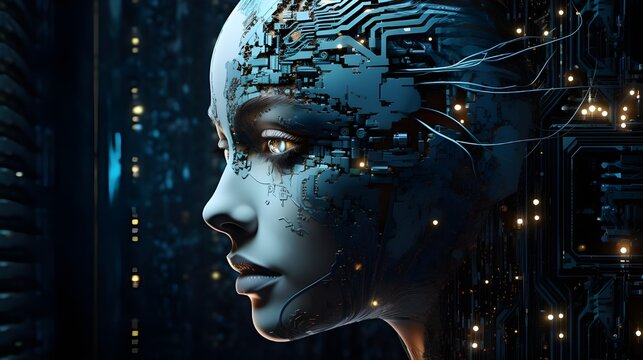Artificial intelligence humanoid robot head portrait digital matrix 