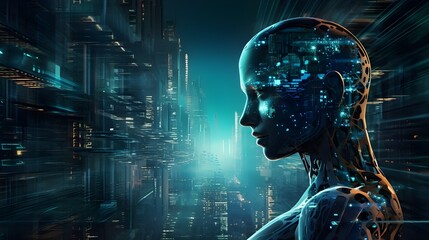 Artificial intelligence humanoid robot head portrait digital matrix 