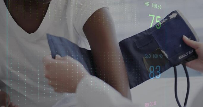 Animation of heart rate monitor over mid section of female doctor checking blood pressure of patient