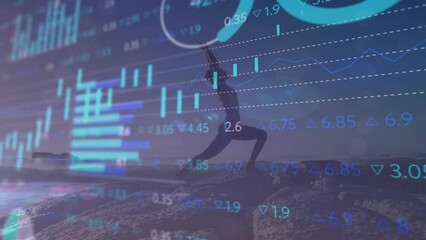 Animation of statistical and stock market data processing over fit woman practicing yoga the beach - Powered by Adobe