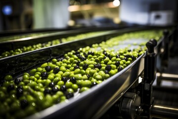 Olive oil production factory, black and green olives on conveyor belt. Agricultural cooperative making olive oil - obrazy, fototapety, plakaty