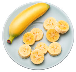 Baby banana and banana slices on blue plate. File contains clipping path. Top view.
