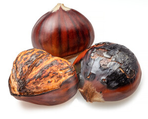 Edible sweet chestnuts with roasted chestnuts isolated on white background.