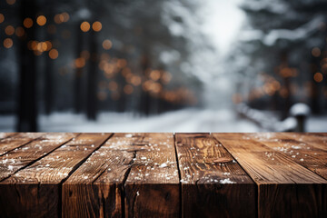 Holz Tisch Ablage im Winter mit Schnee Hintergrund (Durch AI generiert) - obrazy, fototapety, plakaty