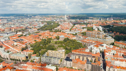 Naklejka na ściany i meble Gothenburg, Sweden. Skansen Kronan - A fortress on a hill with panoramic views of the city. Panorama of the city. Summer day. Cloudy weather, Aerial View
