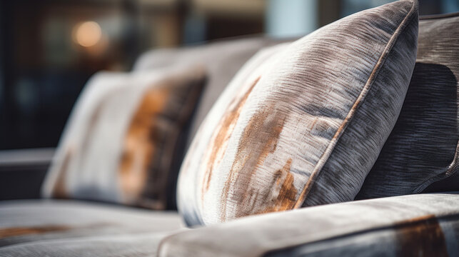 Close-up image capturing the rich texture and earthy tones of decorative pillows on a cozy couch in a home setting.
