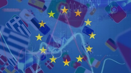 Animation of spinning stars on eu flag and data processing over eu country flag miniatures falling - Powered by Adobe