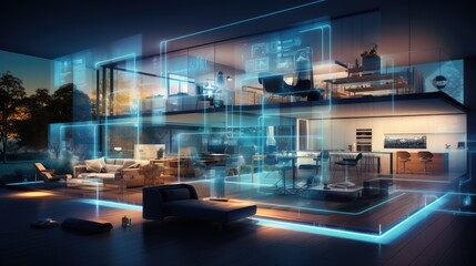 Modern Smart living room Ecosystem interior with technology maintaining connections - obrazy, fototapety, plakaty