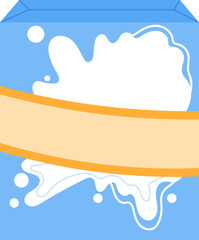 Carton of milk with overflowing liquid, white splash on blue. Dairy product packaging, fresh milk container design vector illustration.