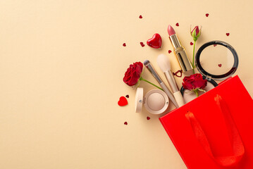 Valentine's Day gift spree for her! Top view of paper bag filled with surprises: lipstick, brushes, eyeshadow, powder, heart candy, red roses, confetti on soft beige backdrop. Space for your message