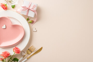 Love-infused atmosphere: Overhead shot showcasing dreamy Valentine's Day dinner. Heart-shaped...