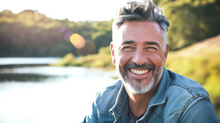Man in his 50s who exudes happiness and a sense of feeling truly alive in a beautiful natural park near a lake, genuine smile on his face, relaxed and confident, male who found joy and contentment - obrazy, fototapety, plakaty