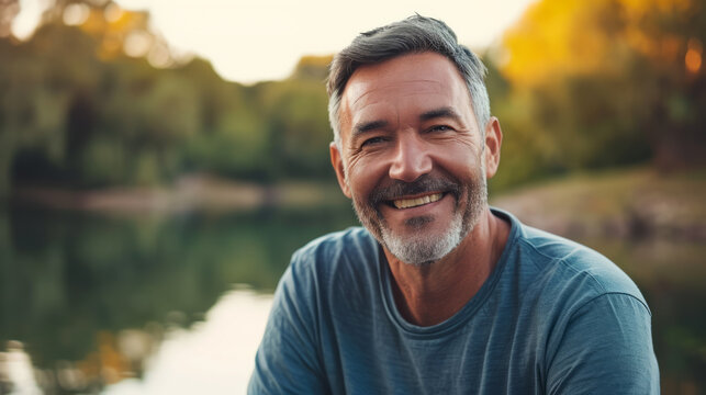 Man in his 50s who exudes happiness and a sense of feeling truly alive in a beautiful natural park near a lake, genuine smile on his face, relaxed and confident, male who found joy and contentment