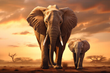 Fototapeta na wymiar Closeup portrait elephant and child elephant on blue sky background looking down
