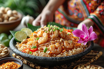 Thai cuisine showcase with in centerpiece black round plate with Pad Thai and shrimp - obrazy, fototapety, plakaty