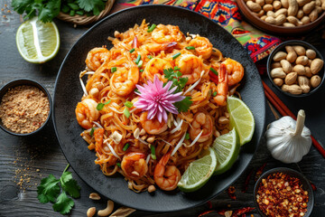 Thai cuisine showcase with in centerpiece black round plate with Pad Thai and shrimp