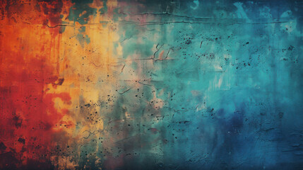 An abstract painted wall with a vibrant blend of blue and orange textures creating a colorful backdrop.