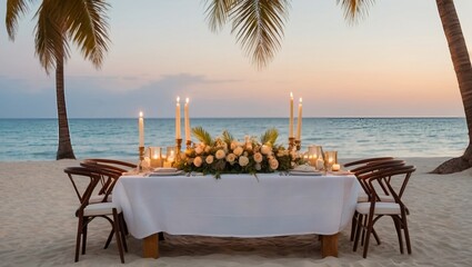 Fototapeta premium A Table Set up for a romantic meal on the beach with lanterns and chairs and flowers with palms and sky and sea in the background