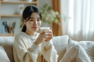 a cozy woman on a sofa drinking coffee while relaxing in her home on winter
