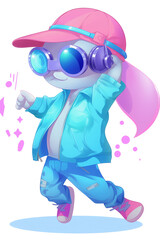 Obraz premium Join the Fun with this Cute Animated Character in a Pink Cap and Blue Jacket - Dancing with Style, Wearing Sunglasses, and Enjoying Music in a World of Joy and Happiness