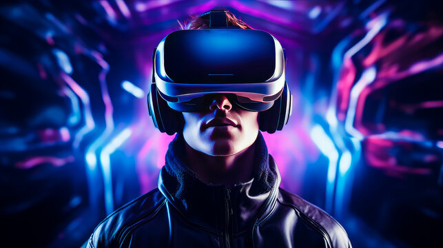 Portrait of a happy smiling enthusiastic Caucasian guy man person in a virtual reality headset.