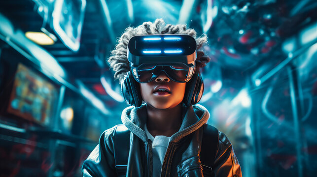 Portrait of a happy smiling enthusiastic african american black woman child boy man wearing virtual reality headset.
