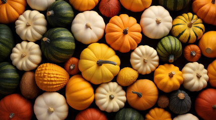 Top view of assorted miniature pumpkins in a variety of shapes and colors, symbolizing autumn harvest.