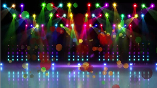 Animatiion of spots of light and colorful disco lights against black background