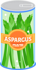 Canned asparagus vector illustration with label design. Preserved food product packaging illustration.