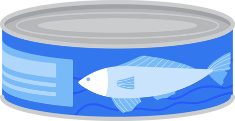 Canned fish in a blue tin with a fish illustration. Non-perishable seafood product design vector illustration.