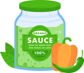 Glass jar of green organic sauce with label and fresh vegetables, bell pepper and chili. Healthy food and vegan condiments vector illustration.
