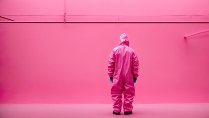 Person in pink protective hazmat suit standing against the pink wall turning their back to camera.