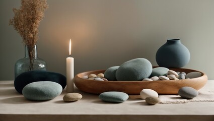 Fototapeta na wymiar Table setup yoga, mindfulness, and spirituality with candles and stones in gentle colors.