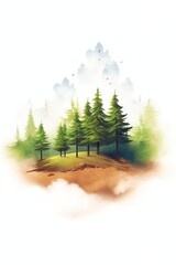 Serene Forest Landscape - A Watercolor Painting Depicting Lush Green Pine Trees, Subtle Clouds, and Abstract Earth, Evoking a Sense of Calmness - Perfect for Home Decor and Wall Art